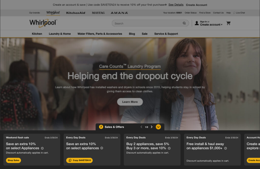 A screenshot of Whirlpool's promotion drawer open on desktop in dark mode.