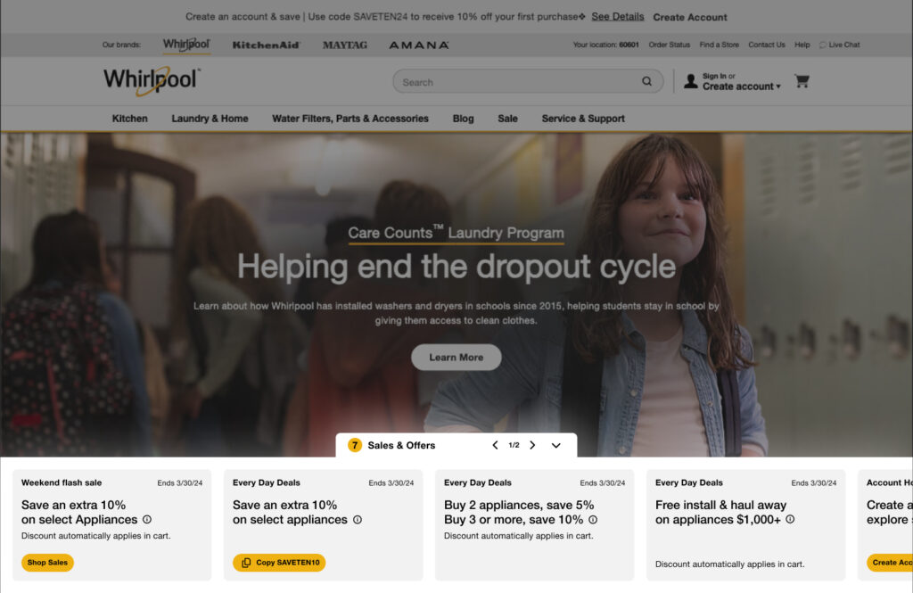 A screenshot of Whirlpool's promotion drawer open on desktop in light mode.